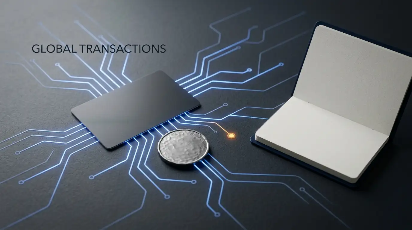 A bank card and abstract network lines beside an unmarked coin on a dark desk