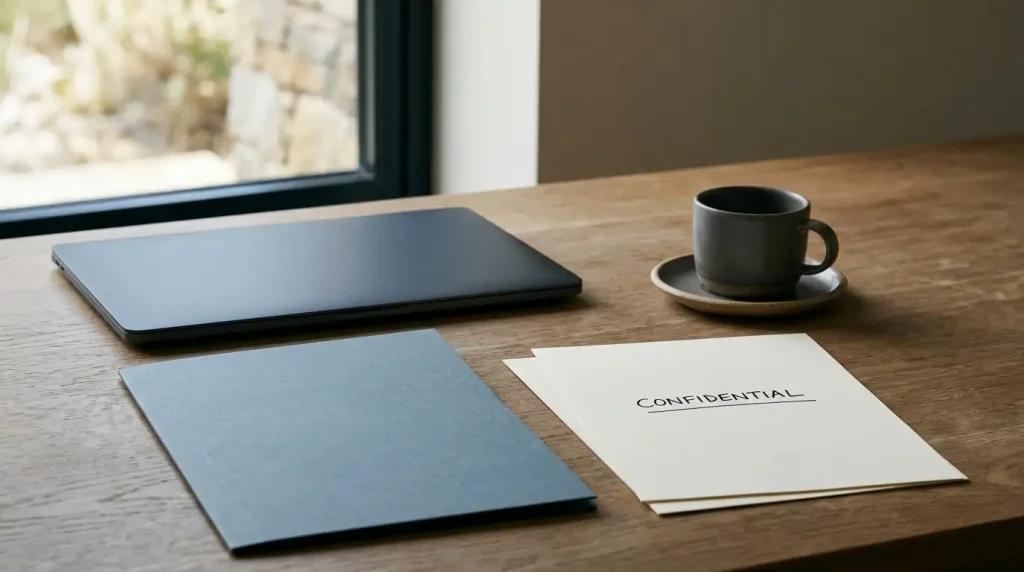 An unmarked document folder and a closed laptop on a quiet desk