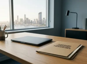 Open folder and blank papers on an Australian office desk beside a window