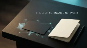 Bank card and abstract digital currency shapes resting on a dark desk