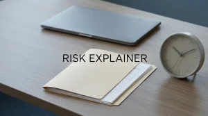 Blank transaction folder, an analogue clock and a closed laptop on a tidy desk